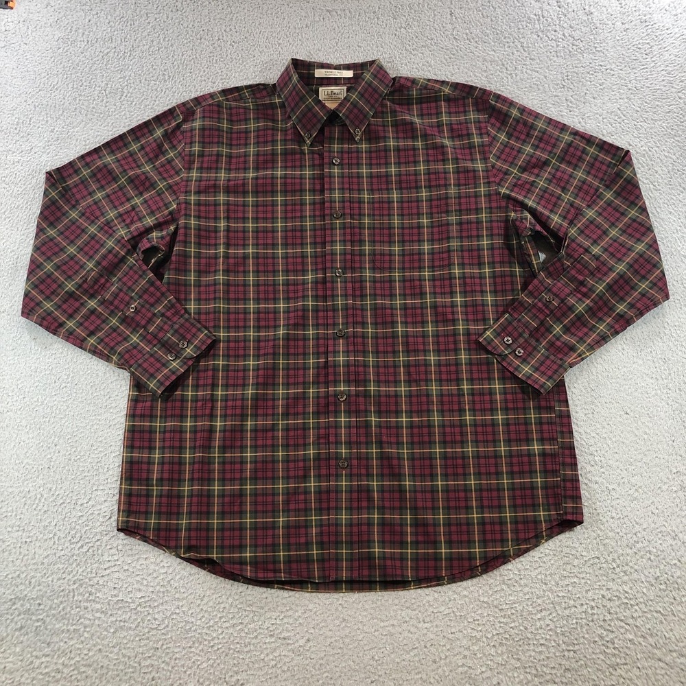 LL Bean Shirt Mens Large Red Green Plaid Wrinkle Free Traditional Fit Cotton